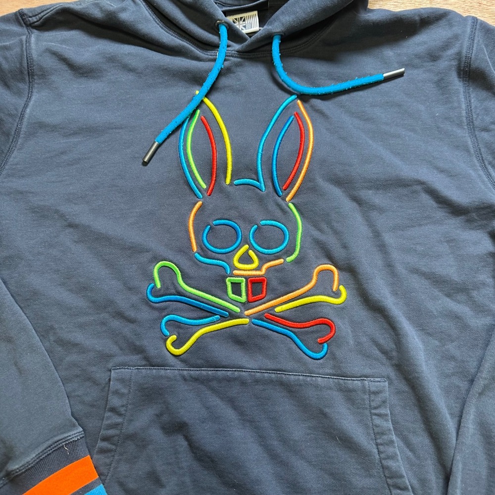 Psycho Bunny Mens XL Navy Blue Rainbow Logo Striped Pullover Hoodie Sweatshirt - Picture 2 of 7